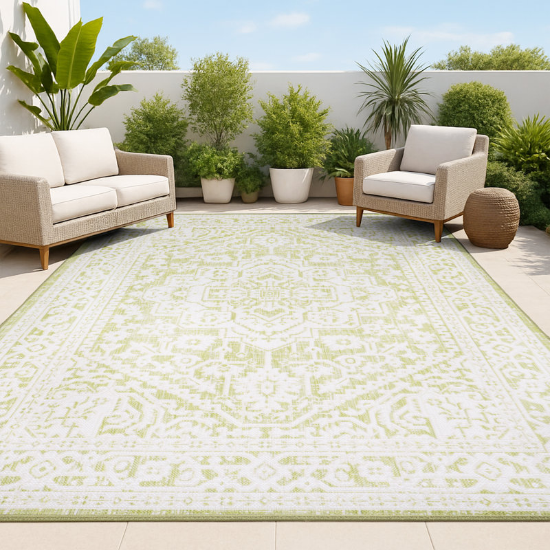 Moten Medallion Textured Weave Green/Cream Indoor/Outdoor Rug, Rectangle 7'9" x 10'