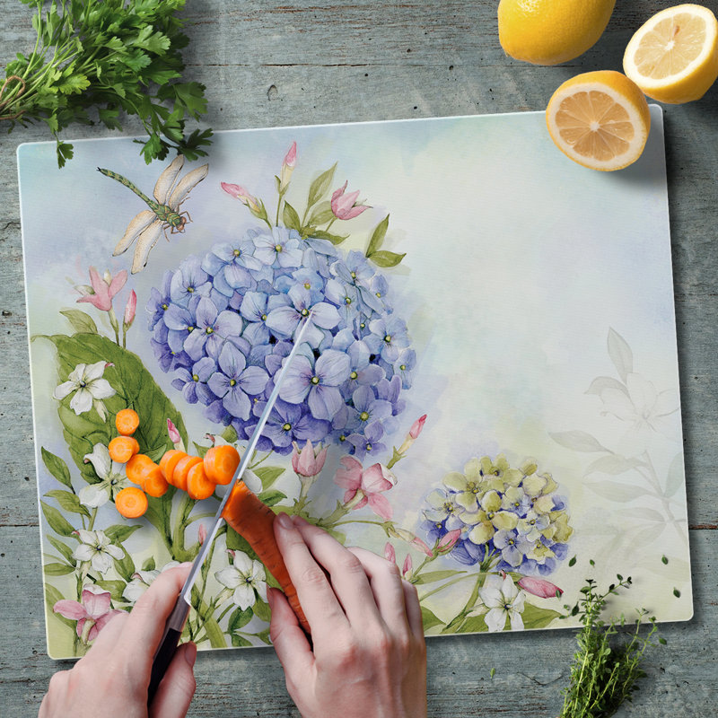 Dragonfly Hydrangea Tempered Glass Cutting Board 15" x 12"