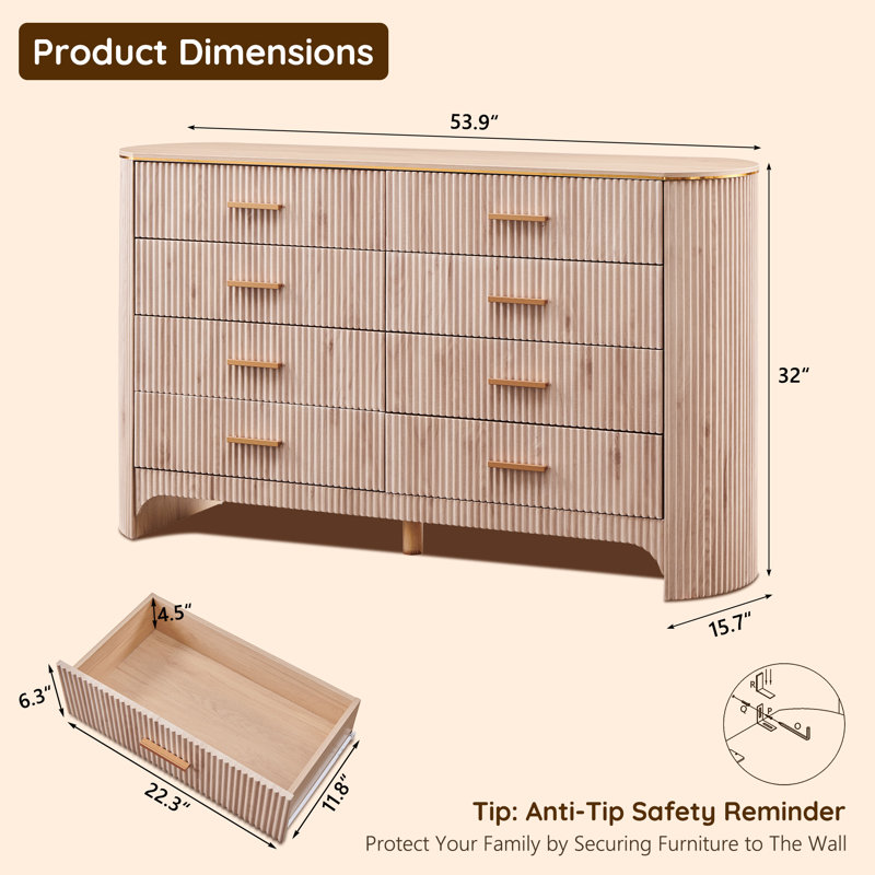 Modern 8 Drawers Dresser for Bedroom, 54" Wide Dressers & Chest of Drawers w/Curved Profile Design, Light Oak, Light