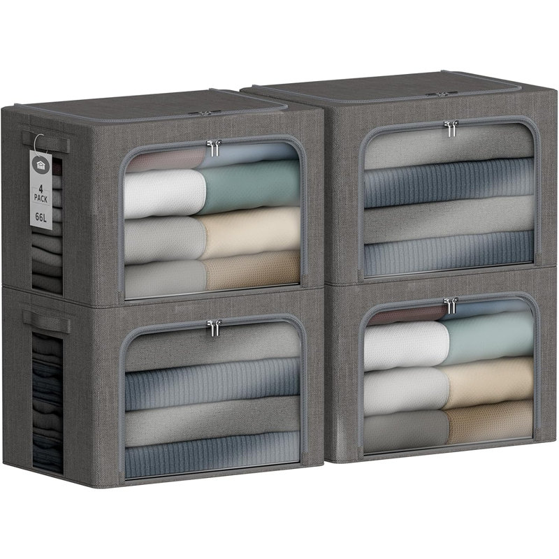 Ensemble de 4 bacs de rangement pour vêtements empilables avec cadre et couvercles en métal - Contenants de rangement en tissu pliables avec fenêtres transparentes, fermetures à glissière et poignées pour l'organisation à la maison