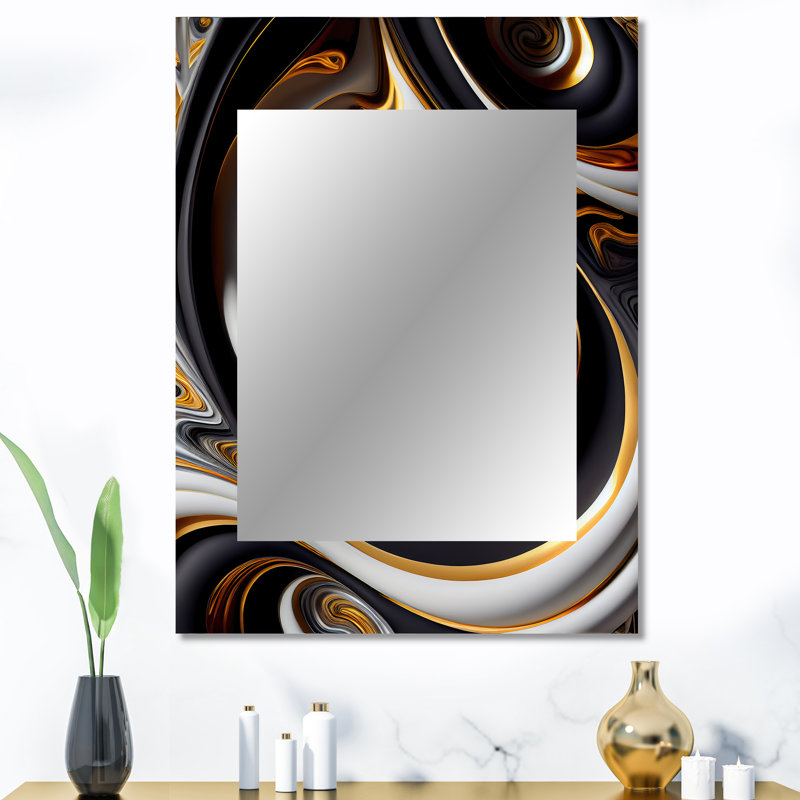 Liquid White Stained Glass VI - Abstract Spirals Wall Mirror, Gold Decorative Mirror, Printed Metal Art, 40" x 30"