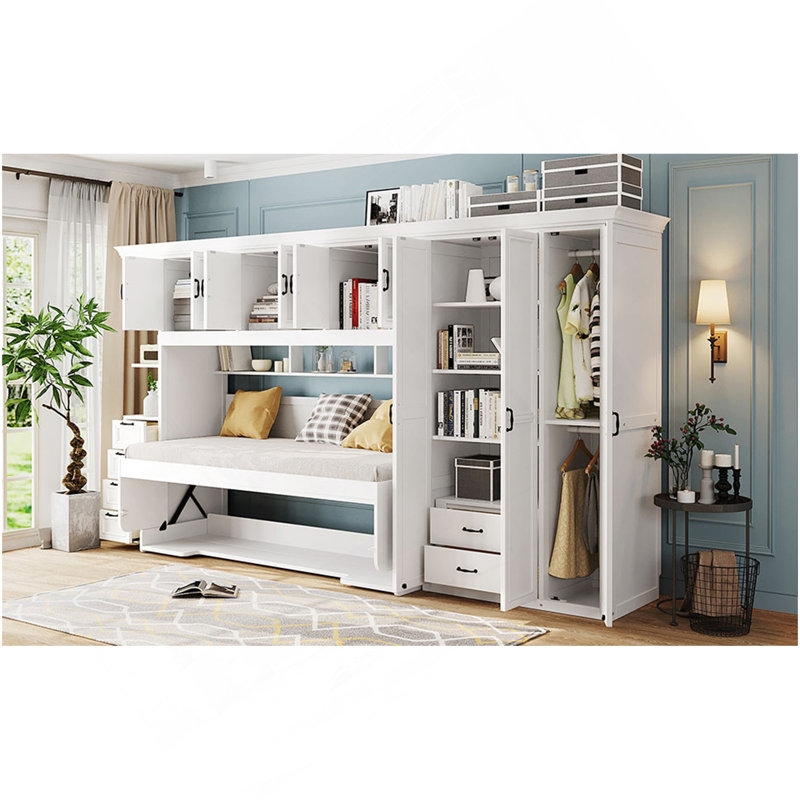 Lit escamotable simple avec armoire, bureau et bureau, blanc, Blanc