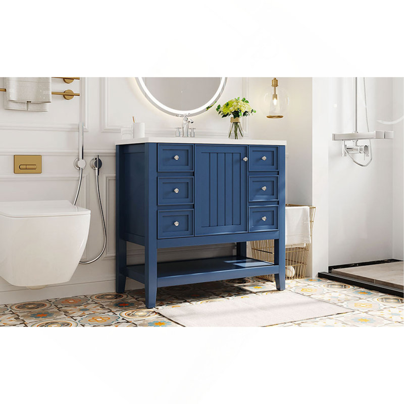 Meuble-lavabo élégant avec lavabo, tiroirs et armoire pour un décor de salle de bain fonctionnel et élégant., Bleu