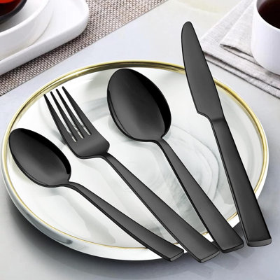 40-Piece Black Silverware Set Service For 8, Stainless Steel Flatware With Mirror Polish, Square Cutlery Set Includes Knife Fork Spoon, Dishwasher Safe And Durable