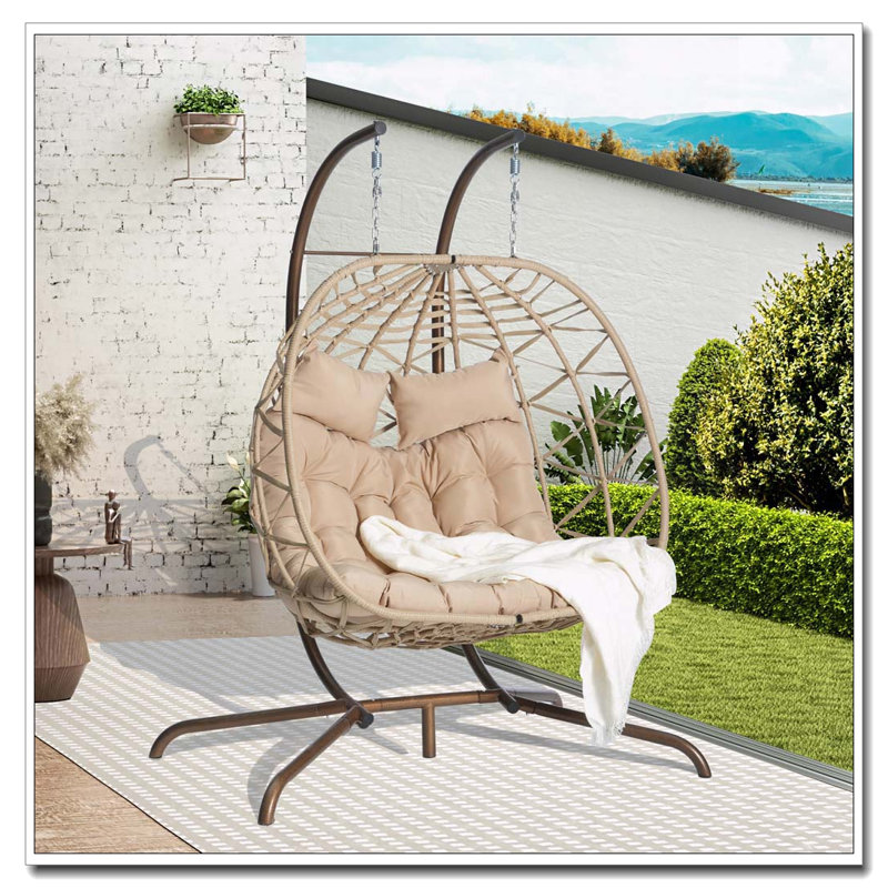 Fauteuil à œufs double suspendu avec support et coussins résistants aux rayons UV, jaune clair, Kaki, Naturel