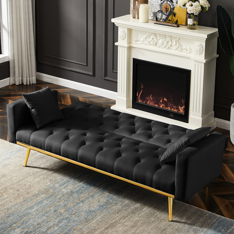Lit futon noir moderne, dossier et siège, convertible en revêtement de velours confortable, 3 réglages réglables, futon à pieds en métal, revêtement, polyvalent pour