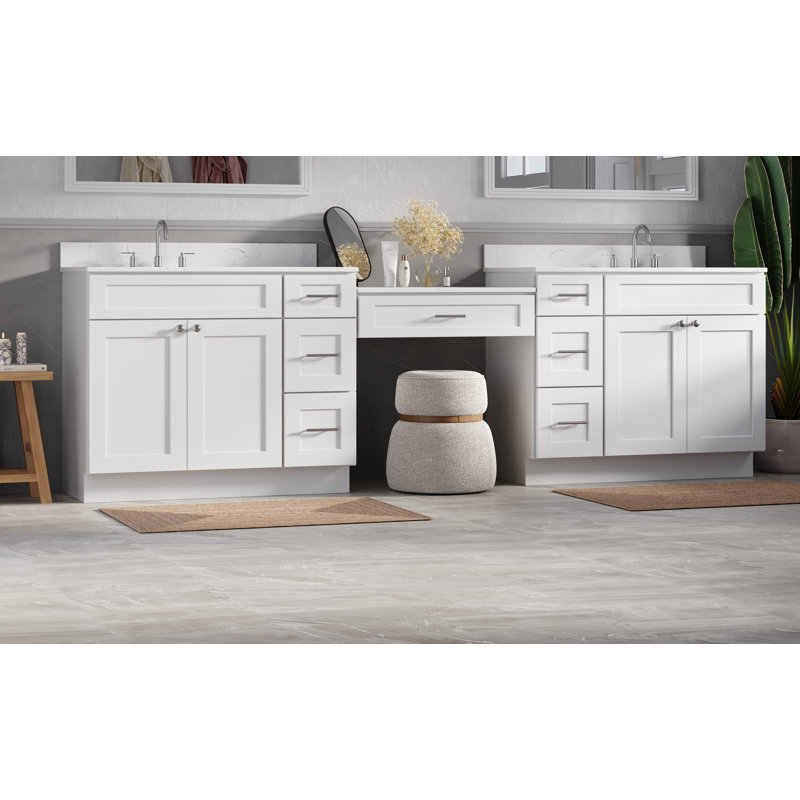 Disar 114" Double Bathroom Vanity With Desk Dovetail Solid Wood Drawer Carrara Quartz Top, White
