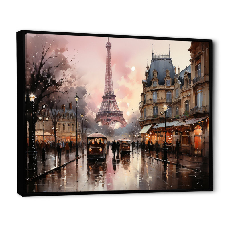 «Pink Twilight Rendezvous In Paris I», art mural de Paris pour le salon, H 24 po x l 32 po, Reproduction avec cadre flottant
