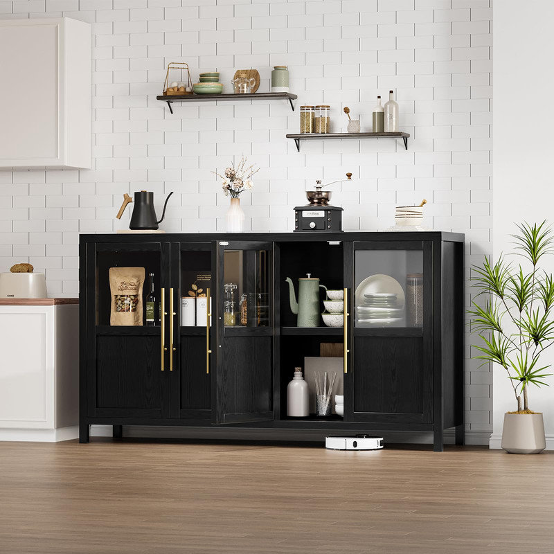 55" Large Buffet Sideboard Cabinet with 4 Glass Doors and Shelves, Modern Farmhouse Storage Cabinet Table for Kitchen Dining Room, Living Room, Hallway