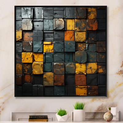 Cubes dorés abstraits géométriques I - art mural géométrique