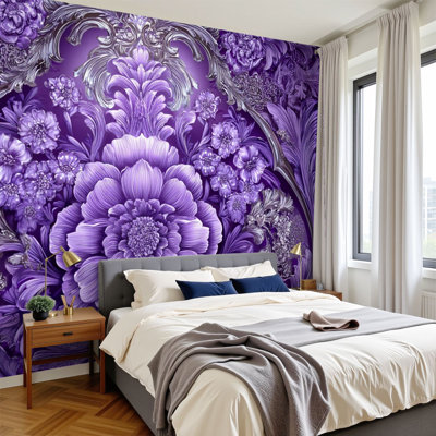 Papier peint adhésif mural en tissu damassé lavande violet H 100 po x l 144 po Royal Wall