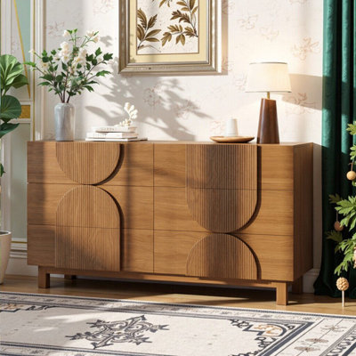 6-Drawer Fluted Wood Dresser With Solid Wood Legs For Bedroom & Living Room