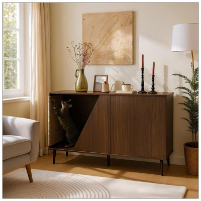Table d'appoint moderne en noyer 2 en 1 avec porte à ressorts et bac à litière pour chat Cat Sisal