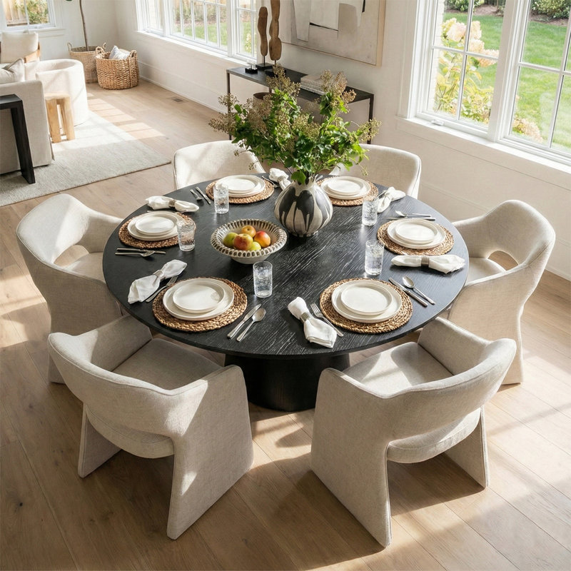 Ensemble de table de salle à manger pour 6 personnes avec table ronde et 6 chaises rembourrées en tissu, Beige, Noir