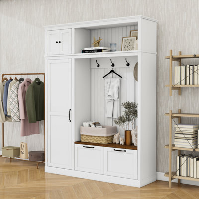 Multi-Functional Hall Tree with Overhead Storage, Adjustable Compartments and Drawers