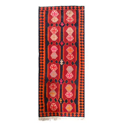 Tapis orange / rouge / noir en coton / laine à motif géométrique fait à la main 4 pi 9 po x 12 pi 4 po