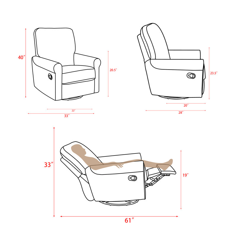 Janet Upholstered Modern & Comfortable 360 Degree Swivel Rocker Manual Recliner Chair, Gray