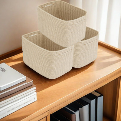 3-Pack Woven Cotton Rope Storage Baskets With Seamless Handles, Soft & Non-Toxic Foldable Organizer For Home, Shelves, Closet, Toys, Clothes & Pet Supplies, Multiple Solid Colors Available Beige