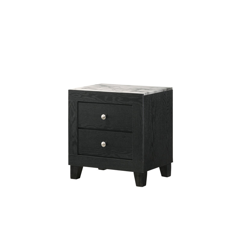 Table de chevet contemporaine unique en son genre avec plateau en faux marbre et deux tiroirs, idéale pour la décoration de chambre à coucher et les besoins de rangement.