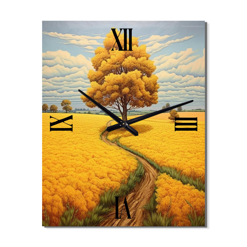 Horloge murale moderne arbre jaune dans un pré doré en fleurs, Grand
