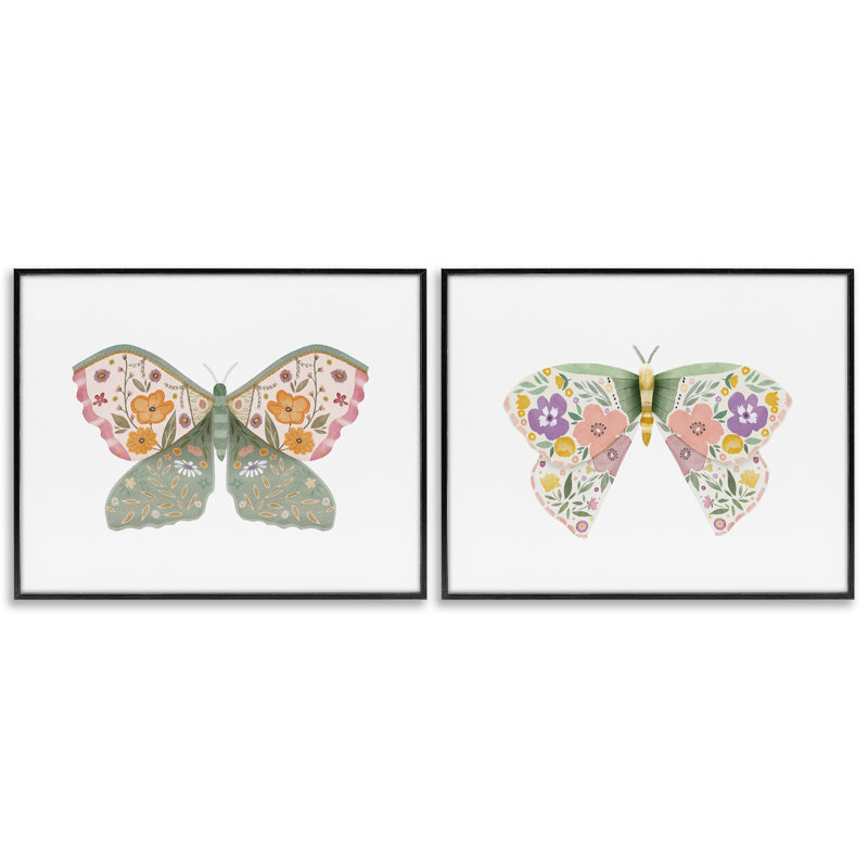  «Folk Florals Butterflies», ensemble de 2 giclées par Kim Allen, H 11 po x l 14 po, Giclée encadrée noir minuit