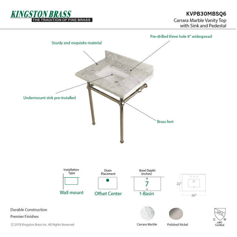 Dessus de meuble-lavabo en marbre Carrara de 30 po avec pieds en laiton Kingston Templeton (8 po, 3 trous), Nickel poli