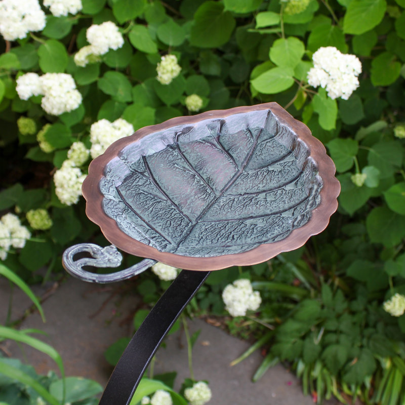 Antique Copper Aspen Leaf Rail-Mounted Birdbath