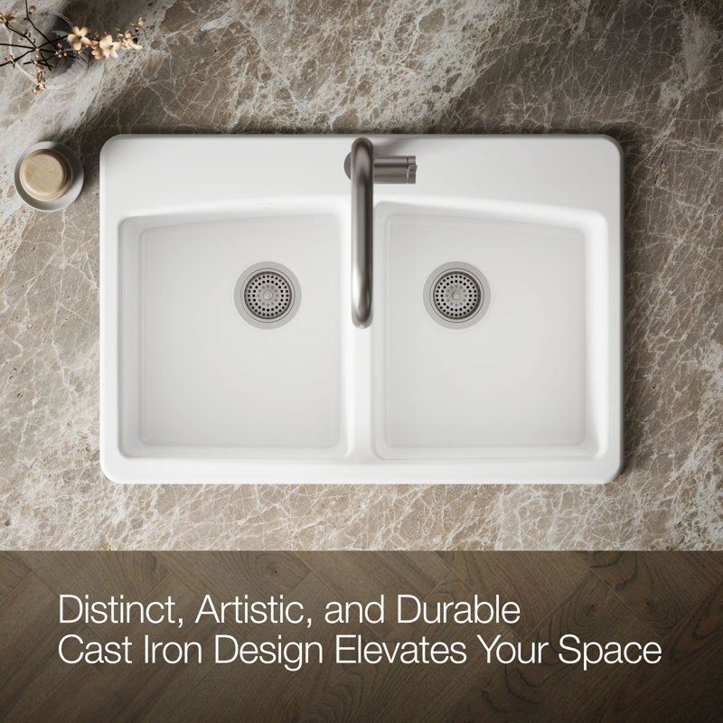 33" L x 22" W x 9-5/8" Top-Mount Double-Equal Kitchen Sink, White, 1 Hole