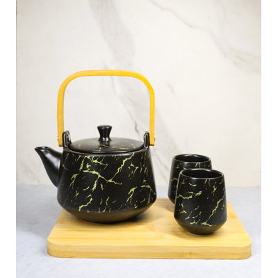 Black Marble Vein Porcelain 22oz Teapot And 2 Tea Cups With Bamboo Tray Set