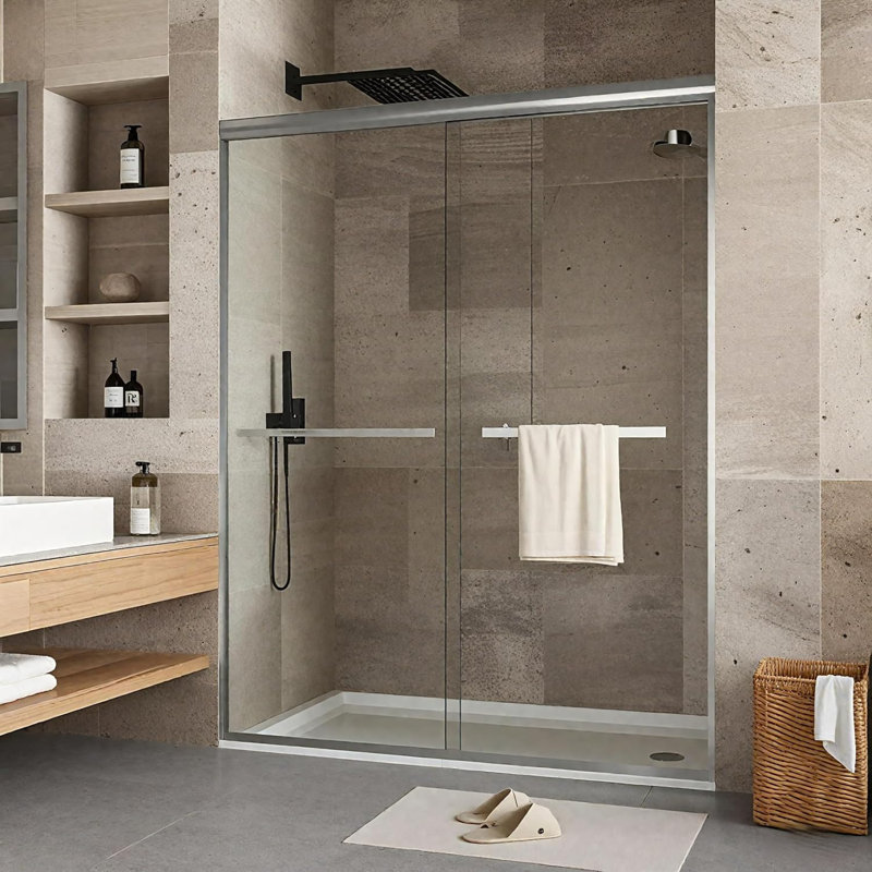 Double Sliding Shower Door, Aluminum Alloy Frame, 72" H x 60" W, 8mm Tempered Glass, Brushed Nickel, for Modern Bathroom