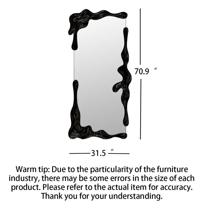 French Minimalist Black Irregular-Edge Wooden Art Full-Length Mirror, 70.87" H x 31.5" W