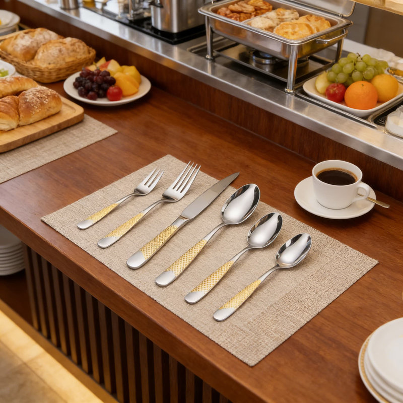 Ensemble de couverts en acier inoxydable martelé pour 4 couverts, 20 pièces argent et or avec poignée élégante Patten pour la maison et le restaurant