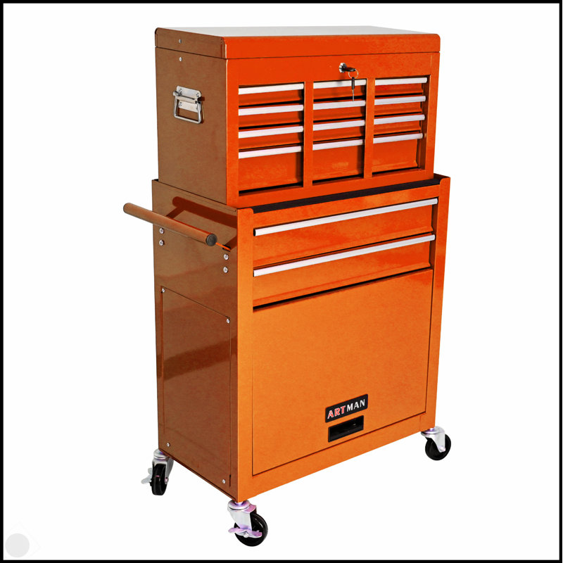 Coffre à outils roulant à grande capacité avec roulettes et tiroirs, armoire de rangement pour outils à 8 tiroirs, Orange