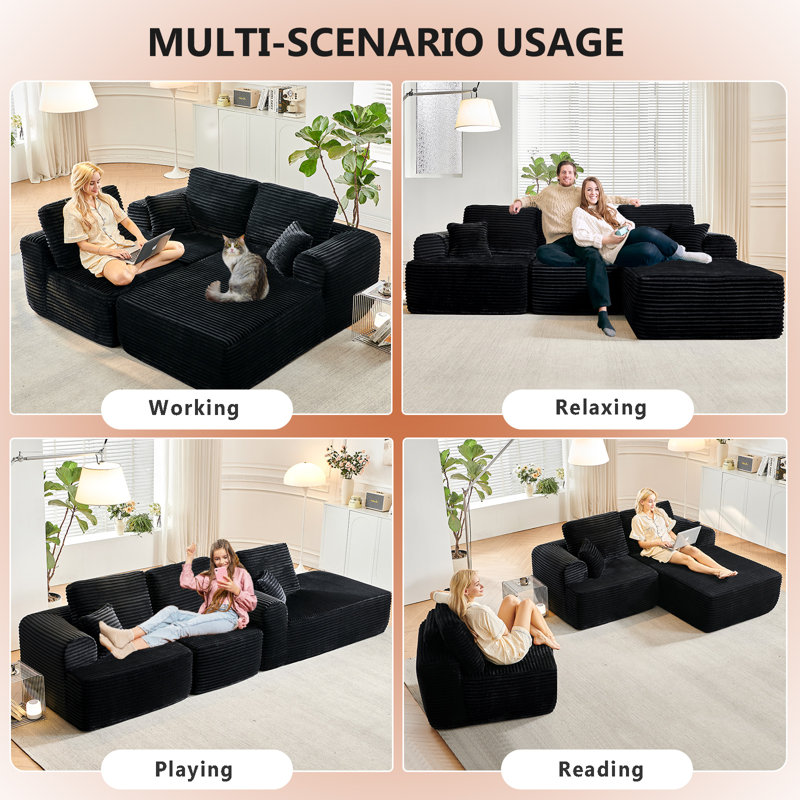 106"  Oversized Modular Sectional Sofa, with Convertible L-Shape Couch, Black, Right Hand Facing