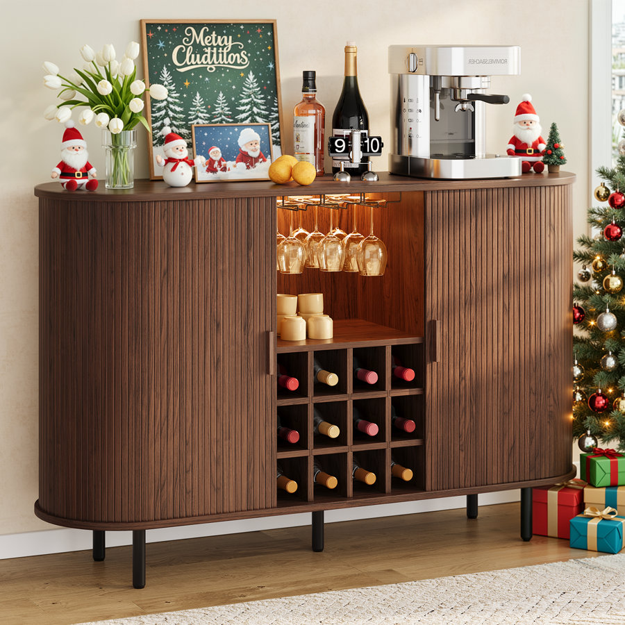 54.6'' Modern Bar Cabinet With Adjustable Shelves & RGB Lights, Wine Cabinet With Wine Glass Holder & Wine Rack