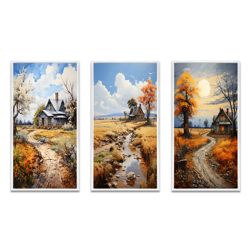«Farmhouse Country Elegance Pointillism», 3 pièces sur toile, Cadre blanc, H 32 po x l 48 po
