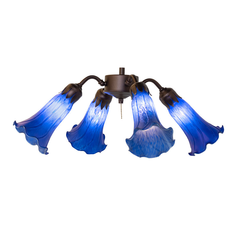 19" Wide Blue Tiffany Pond Lily 4 Light Fan Light, Blue
