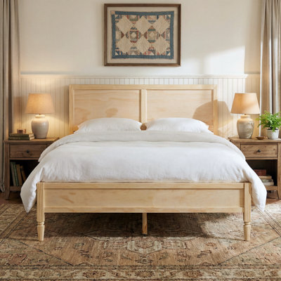 Queen Size Wood Platform Bed Frame with Panel Headboard, Wooden Slat Support, No Box Spring Needed, Natural
