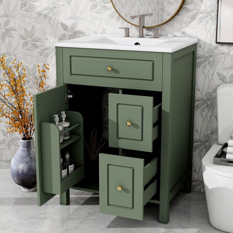 24 Inch Bathroom Vanity Equipped With Ceramic Sink, 1 Soft-Close Door And 2 Soft-Close Drawers, Green