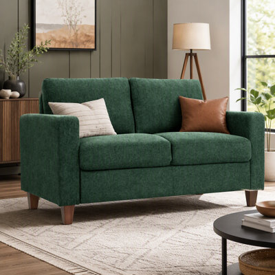 Mid-Century Modern 2-Seater Loveseat Sofa, Upholstered Fabric Couch with High Density Foam Cushion & Detachable Wooden Legs for Living Room Apartment