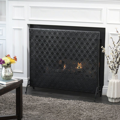 Pare-feu en fer à panneau unique, motif cercles superposés moderne, noir, profondeur : 103 cm, largeur : 29 cm, hauteur : 91 cm, protège de la fumée et des braises, assemblage inclus.