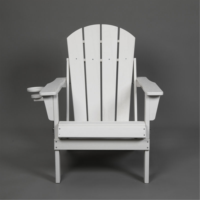 Folding HDPE Adirondack Chair Dual Cup Holder Wood Texture, White