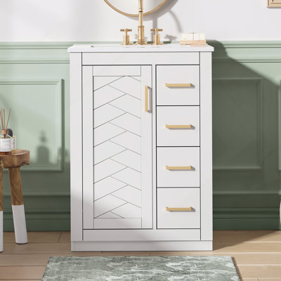 Meuble-lavabo moderne de 24 pouces avec lavabo intégré en céramique, rangement spacieux et tiroirs à fermeture en douceur pour les petites et moyennes salles de bain