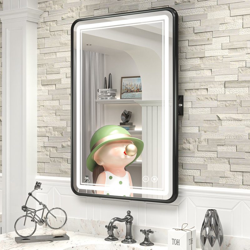 Demetrion Rectangle Lighted Pivot Bathroom Vanity Mirror with Anti-fog and 3 Adjustable Color, Matte Black, 30" x 20"