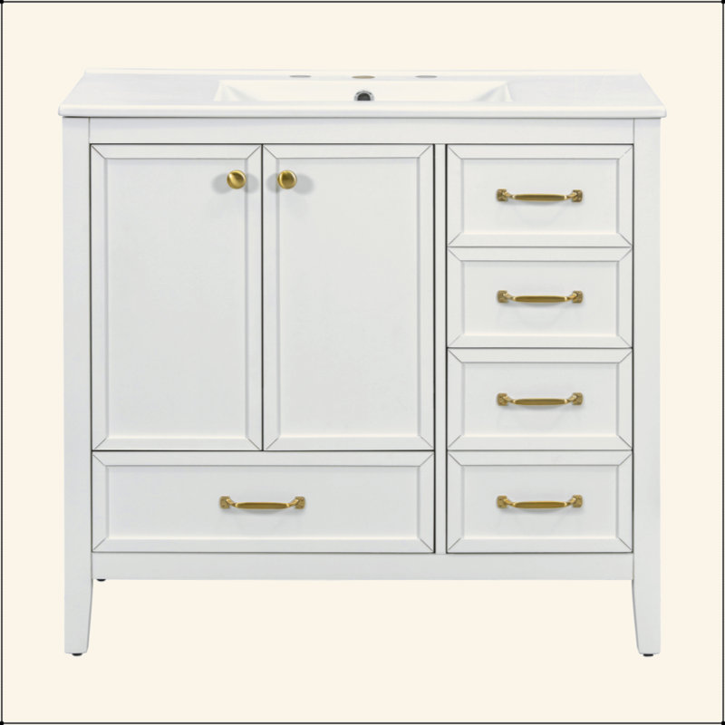 Meuble-lavabo de 36 po avec lavabo, armoire de salle de bain avec porte à fermeture en douceur, 4 tiroirs de différentes tailles, structure et pieds en bois massif, un paquet