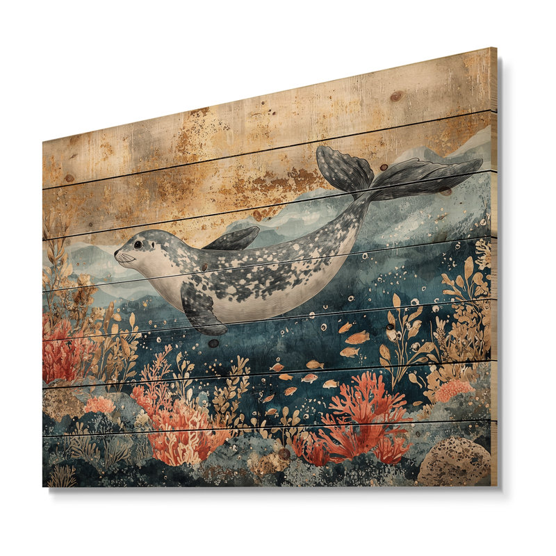 Aquarium avec sceaux au-dessus du corail I - impression sur bois de phoque - sur bois de pin naturel