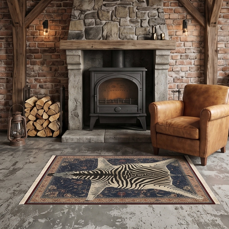 Navy Traditional Print Zebra Pelt Area Rug