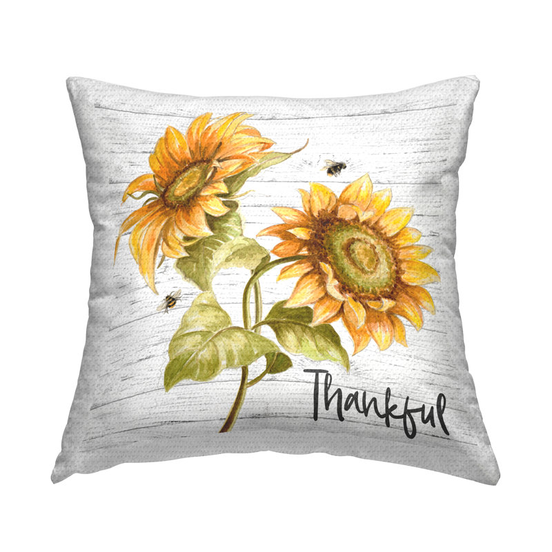 Coussin d'extérieur «Thankful Text Country Sunflowers Bumble Bees» par Patricia Pinto