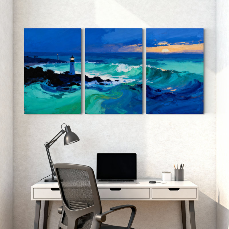 Nautique et plage, océan, vagues, phare, coucher de soleil, ciel, bleu, vert, ensemble de 3 impressions sur toile