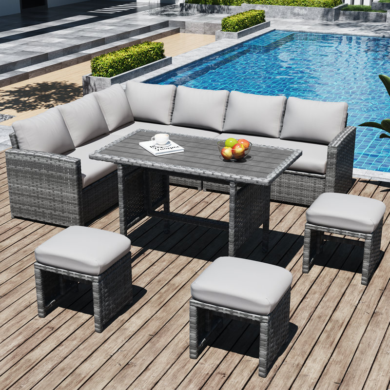Chaise longue en rotin 7 pièces avec coussins Hinesville, Structure grise / coussin gris clair